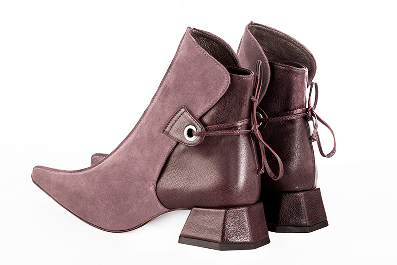 Dusty rose pink and wine red women's elegant sneakers. Pointed toe. Low flare heels. Rear view - Florence KOOIJMAN
